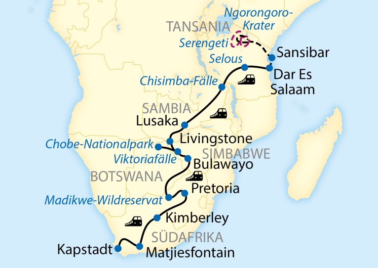 Karte für Bahnreisen in Afrika - Rovos Rail 1616