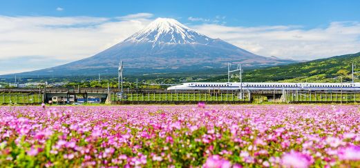 Der Shinkansen-Express am Fuße des Fuji